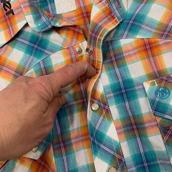 Wrangler Shirt Mens L Large Pearl Snap Button Metallic Plaid Cowboy Rodeo - Picture 4 of 9